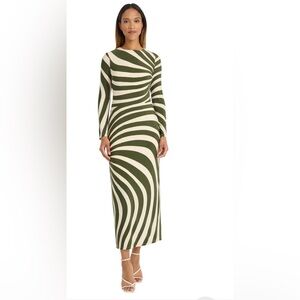 Lidia Maxi Dress in Cedar Green & Ivory Stripe Long Sleeves, Maggy London size 4